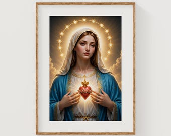 Close-Up Portrait of Virgin Mary with Sacred Heart, Golden Halo Religious Art (Digital Download)