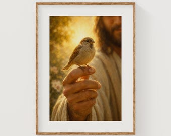 May include: A framed wall art print featuring a small brown sparrow perched on a finger. The background shows a blurred figure in a light-colored robe against a warm, golden, sunlit backdrop. The frame is a simple, light-toned wooden border.
