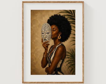 Black Woman Tribal Mask Portrait, Afrocentric Wall Art Printable (Digital Download)
