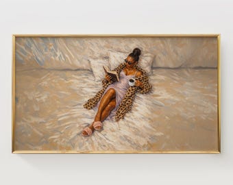 Chic African American Reader Frame TV Art Leopard Print Coat Relax Style Art Warm Neutral Luxe Wall Decor Cozy At-Home Digital Download