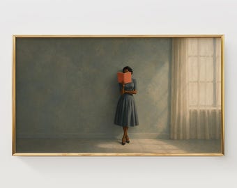 Mulher afro-americana lendo um livro, arte de TV com moldura azul, estilo vintage melancólico (download digital)