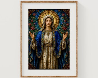 Stained Glass Virgin Mary Wall Art in Cathedral Style, Ornate Colors (Digital Download)
