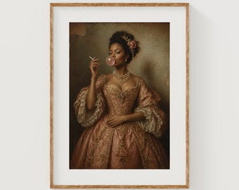 Retrato de mulher negra com chiclete, arte de parede vintage rococó (download digital)