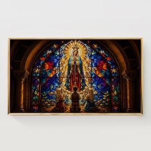 May include: A framed stained glass artwork depicting a religious scene. The artwork features a central figure with a halo, surrounded by kneeling figures. The background is a vibrant mosaic of colors, with a gold frame.