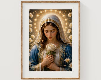 Devotional Virgin Mary with White Rose and Golden Halo Art (Digital Download)