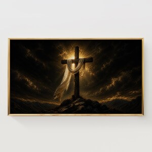 Houten kruis met witte stoffen lijst tv-kunst, spiritueel paasdecor (digitale download)