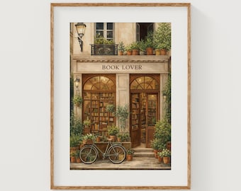 Charming Book Lover's Dream Printable - Cozy European Bookshop Scene, Vintage Bicycle & Greenery, Cottagecore Decor, Instant Download Art