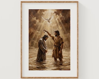 Battesimo d'epoca di Gesù Cristo di Giovanni Battista, dipinto religioso spirituale con una colomba e raggi di luce, download immediato di materiale devozionale