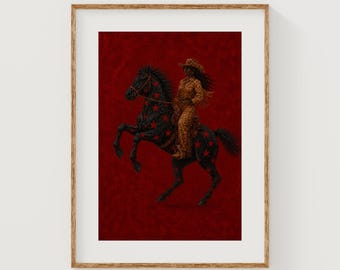 Arte de parede com estampa de leopardo ocidental, vaqueira negra em cavalo empinado (download digital)