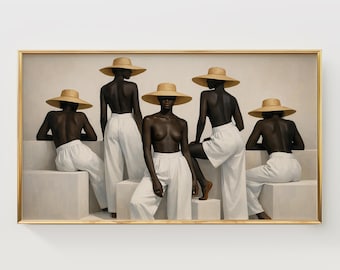 African American Figures Frame TV Art, Neutral Minimalist Modern Decor, Black Women with Straw Hats, Digital Download, Calm Wall Art