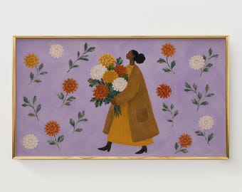 Arte para TV com mulher negra de casaco mostarda e flores dálias emolduradas (Download Digital)
