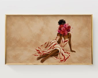 Quadro decorativo para TV com mulher negra e rosto emoldurado por flores, estilo romântico e melancólico (Download Digital)