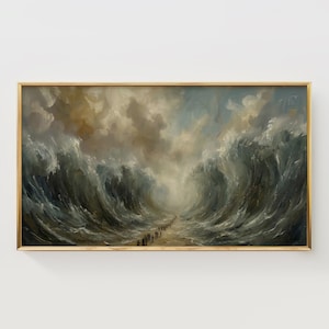 May include: An oil painting in a gold frame depicts a dramatic seascape. Towering waves of blue-green water crash on either side of a path of people. The sky is filled with swirling clouds in shades of gray and brown.