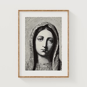 Vintage Virgin Mary Printable Portrait - Classic Religious Artwork, Moody & Sacred Black-and-White Etching, Digital Art Download