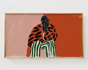 Bold Modern African American Portrait Frame TV Art, Graphic Black Art, Mid-Century Style, Terracotta, Striped Pattern, Digital Download Art
