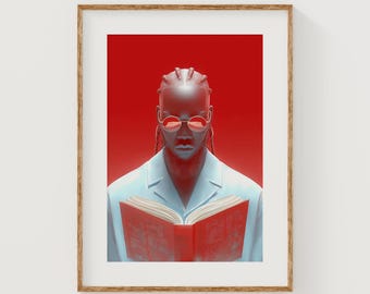 Futuristic Androgynous Reader Portrait - African American Sci-Fi Printable Art, Black Book Lover in Red, Digital Wall Art Instant Download