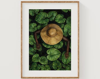 Estampa botânica tropical serena – folhagem verde exuberante, figura sob chapéu (download digital)