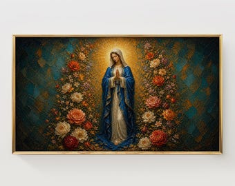 Virgin Mary Frame TV Art in Rich Floral Garden and Gold Detail (Digital Download)