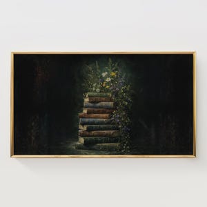 Vintage Book Stack Frame TV Art | Moody Cottagecore Floral (Digital Download)