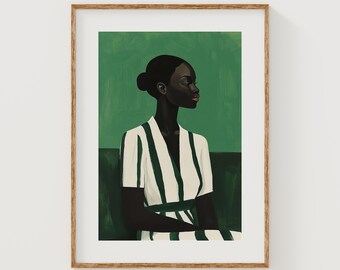 Emerald Grace Printable Wall Art, Elegant African American Black Woman Print, Striped Green White Dress Decor, Poised Ebony Portrait Poster