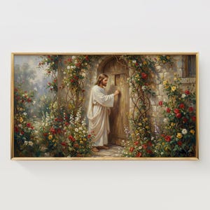 May include: A framed painting depicts a figure in white robes knocking on a wooden door. The door is set in a stone archway, surrounded by climbing roses in shades of red, yellow, and white. The artwork has a soft, painterly style.