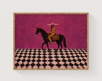 Cowgirl on Dark Horse, Bold Magenta Retro Art Printable Wall Decor (Digital Download)
