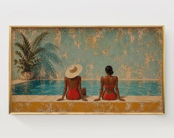 Quadro vintage com mulher afro-americana à beira da piscina, decoração retrô para piscina (download digital)