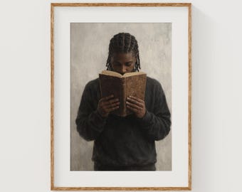Moody Portrait of African American Reading - Black Girl with Braided Hair, Vintage Book Lover Art, Contemplative, Printable Wall Art Decor