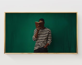 Moody African American Book Lover Frame TV Art, Black Stripes, Minimalist Scholarly Decor, Modern Reading Portrait, Neutral Digital Download