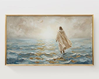 Jesus Christ Walking on Water Frame TV Art, Spiritual Decor, Calming Seascape, Textured Ocean Waves, Religious Wall Art, Digital Download