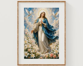 Graceful Virgin Mary Among Clouds with Doves and Flowers Art (Digital Download)