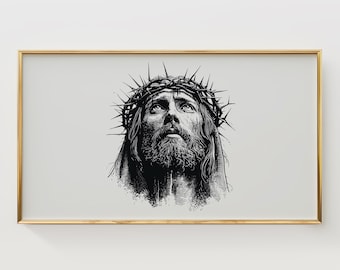 Jesus Christ Frame TV Art, Crown of Thorns Digital Portrait, Moody Black and White Art, Religious Wall Decor, Dramatic Minimalist Download