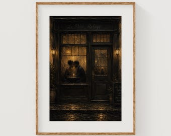 Silhueta de casal romântico em café parisiense, impressão vintage em janela à luz de velas (Download digital)