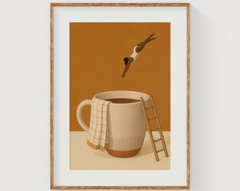 Caneca de café com estampa de pequeno mergulhador, arte de parede divertida para cozinha (download digital)