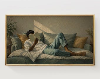 Quadro de TV aconchegante com tema afro-americano, cantinho de leitura vintage (Download Digital)