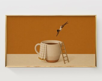 Arte para parede de cozinha com moldura em formato de caneca de café com desenho de mergulhador afro-americano (Download Digital)
