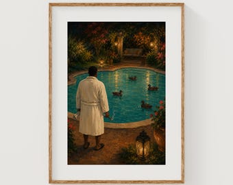 Jardim da Meia-Noite com Piscina, Paisagem Noturna Melancólica - Arte de Parede para Imprimir (Download Digital)