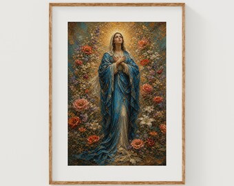 Virgin Mary with Golden Halo and Floral Surround, Textured Classical Art (Digital Download)