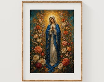 Virgin Mary with Halo in Floral Garden, Elegant Religious Art (Digital Download)