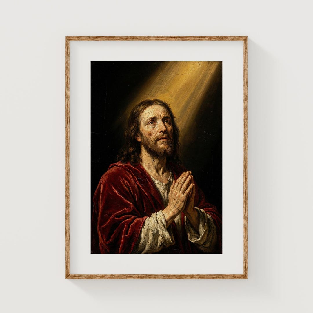 Religious Portrait of Jesus Christ Praying - Moody Vintage Wall Art ...