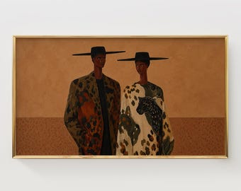 Quadro de TV com casal de estampa de leopardo afro-americano, figuras estilosas (download digital)