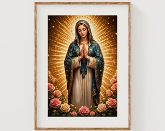 Virgin Mary in Prayer with Radiant Halo and Roses, Spiritual Art (Digital Download)