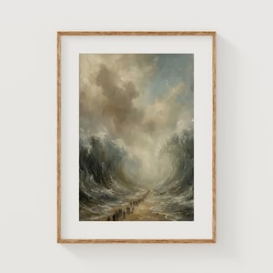 May include: A framed print of an oil painting depicting a dramatic seascape. Towering waves of dark blue and white crash on either side of a path where a line of figures walk. The sky is filled with swirling clouds in shades of gray and beige.