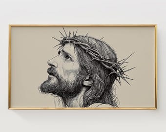 Jesus Christ Crown of Thorns Frame TV Art, Religious Wall Decor, Moody Pen-and-Ink Drawing, Textured Portrait Download, Devotional TV Art