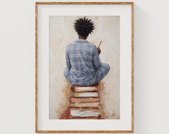 Rustic Book Lover Printable Art - Black Reader on Stack of Books, Cozy Neutral Watercolor, Earthy Calm Decor, Minimalist Digital Download