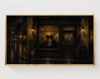 Quadro de TV em um café romântico de Paris, casal afro-americano em uma noite melancólica (Download Digital)