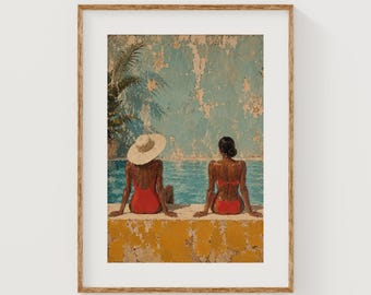 Quadro vintage de mulheres à beira da piscina, arte de parede retrô de verão (download digital)