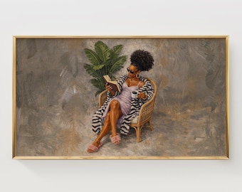 African American Chic Reader in Wicker Chair Art, Modern Zebra Print Painting, Cozy Book Lover Frame TV Art, Earthy Digital Download