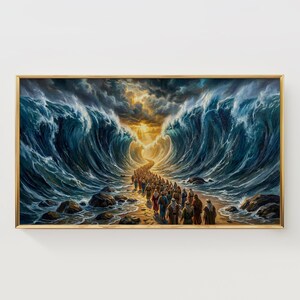 May include: A framed painting shows a biblical scene of people traversing parted sea waters. Huge blue waves border a path of people in robes, lit by a golden light breaking through the clouds. The artwork is set in a gold frame.