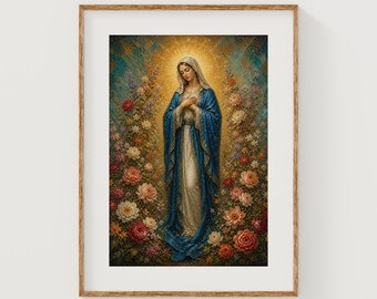 The Virgin Mary in Prayer with Floral Arch, Sacred Wall Art (Digital Download)